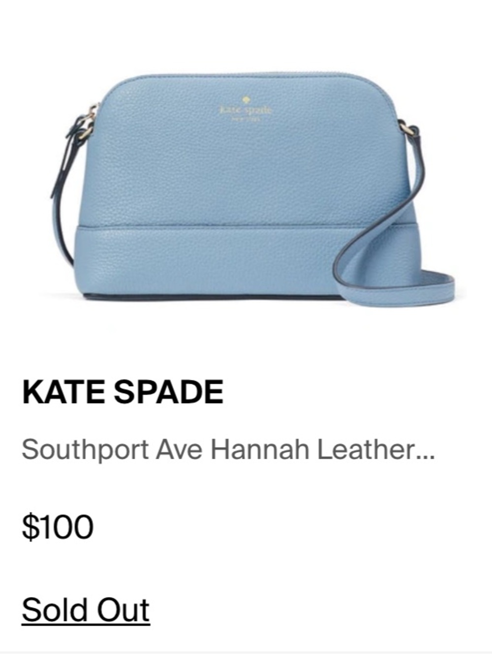 NWT Kate Spade Hanna Sky Blue Pebbled Leather Southport Ave Dome Crossbody Bag